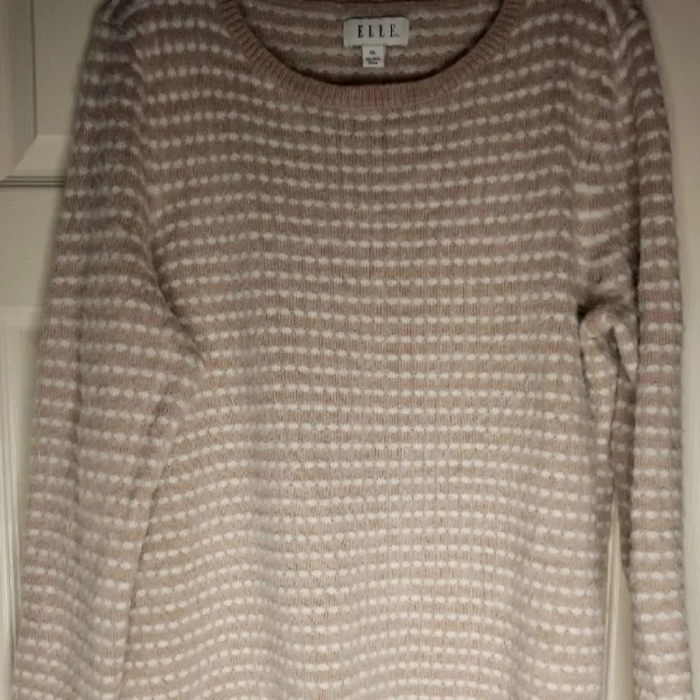 Elle XXL Beige White Stripe Scallop Hem Lngslvs Knitted Women's PulloverSweater.